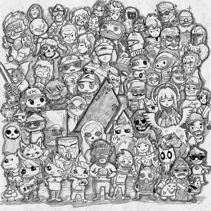 A black-and-white doodle illustration packed with dozens of cartoon avatars—cats, ninjas, robots, samurais, and cosplayers—represents the diverse $AVAX community members, with one figure prominently holding a sign reading "AVAXCORE #5" alongside another labeled "NPC." The crowded, hand-drawn style of overlapping chibi characters visually echoes the poster's sentiment of being part of a bustling, supportive $AVAX community while juggling school and blockchain learning.