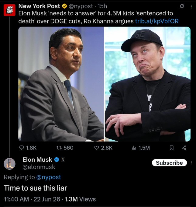 The image features two men, one wearing a suit and tie and the other wearing a baseball cap with a logo. The caption reads "Elon Musk needs to answer for 4.5M kids sentenced to death over DOGE cuts. Ro Khanna is not even a pimple on his ass. DOGE is great!". This post seems to be discussing the actions of two individuals, likely Elon Musk and Ro Khanna, in relation to a controversial event involving DOGE or Dogecoin. The image also includes a Twitter handle for the post, which reads "@nypost".