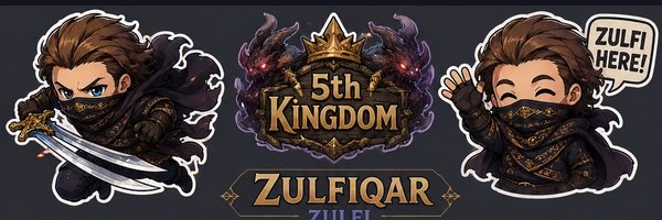 A promotional graphic for the '5th Kingdom' game featuring a ninja character named 'Zulfiqar' who says 'Zulfi Here!' next to a logo with a crown and demon.