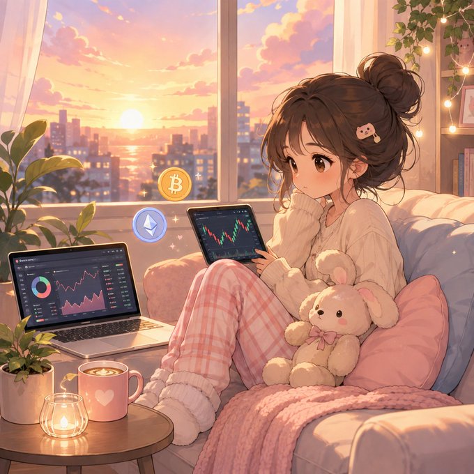 An anime-style illustration of a girl with a bun sitting on a couch by a window at sunset, using a tablet showing a stock chart with floating Bitcoin and Ethereum logos, accompanied by a laptop displaying financial graphs and a teddy bear.