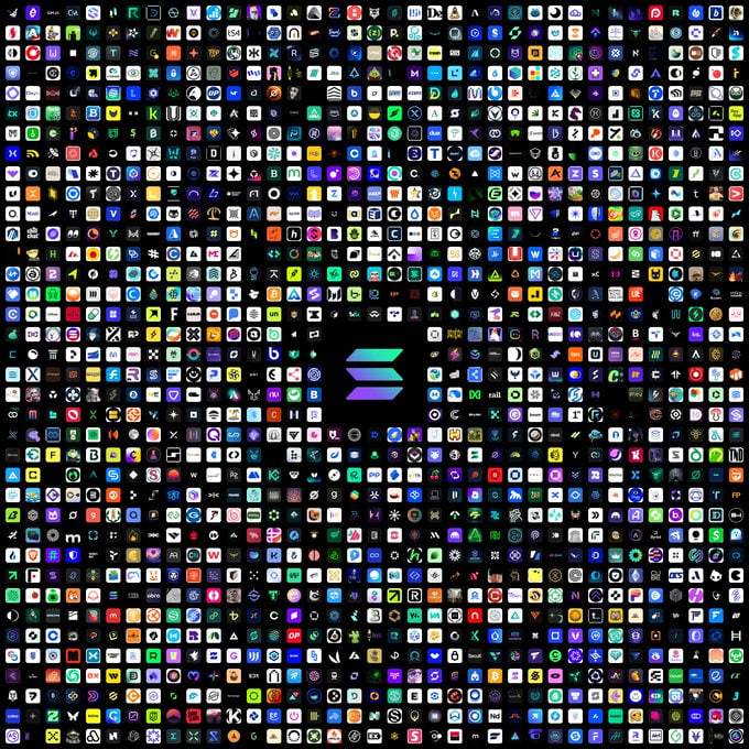 The image features a very large grid of tiny icons representing different apps, all displayed in a visually appealing and colorful manner. The icons include various app categories such as social media, games, finance, news, navigation, and many others. One notable icon stands out from the rest - it is a square with a purple background and a single blue line through it, which reads "Solana". This implies that there may be a connection to or reference to the Solana cryptocurrency. The vibrant display of icons and the prominent depiction of the Solana coin suggest that this could be an advertisement for investing in a particular app or crypto-currency.
