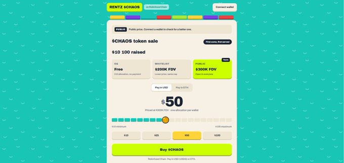 A screenshot of the $CHAOS token sale page on PlayRentz shows 50 tokens priced at $300K FDV ($10 per wallet minimum, $100 maximum), with options to pay in USD or ETH, as the project celebrates reaching $10,000 raised toward its $25,000 soft cap and $135,000 hard cap.