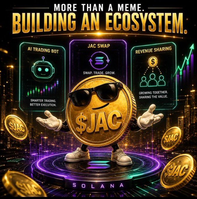 $JAC cryptocurrency promotional poster titled 'MORE THAN A MEME. BUILDING AN ECOSYSTEM' featuring AI Trading Bot, JAC Swap, and Revenue Sharing features on the Solana blockchain.