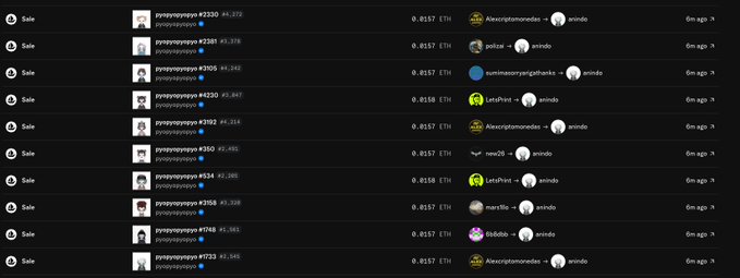 The image displays a transaction history showing multiple sales of NFTs from the "pyopyopyo" collection (variants #2202, #2205, #2230, #2232, #2360, #2568, #398, and #533) at approximately 0.0157-0.0158 ETH each, occurring 6 hours ago. The user's post about sweeping NFTs from @pyopyopyo410 aligns with these recent purchases, documenting their buying activity on the Hood chain NFT marketplace.