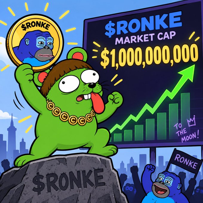 A cartoon illustration features a green cat-like character wearing a gold chain and holding a "$RONKE" coin aloft, standing on a rock before a billboard displaying "$RONKE MARKET CAP $1,000,000,000" with "TO THE MOON!" and cheering blue characters below.