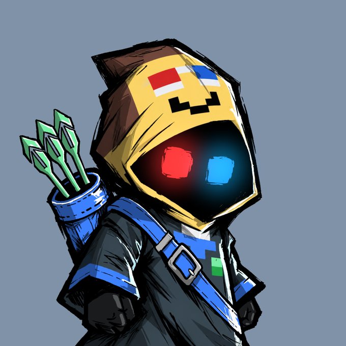 A hooded archer-style character with a yellow pixelated face, glowing red and blue robotic eyes, and a quiver of green arrows stands against a gray background, representing the "Hooja" honorary character mentioned in the post.