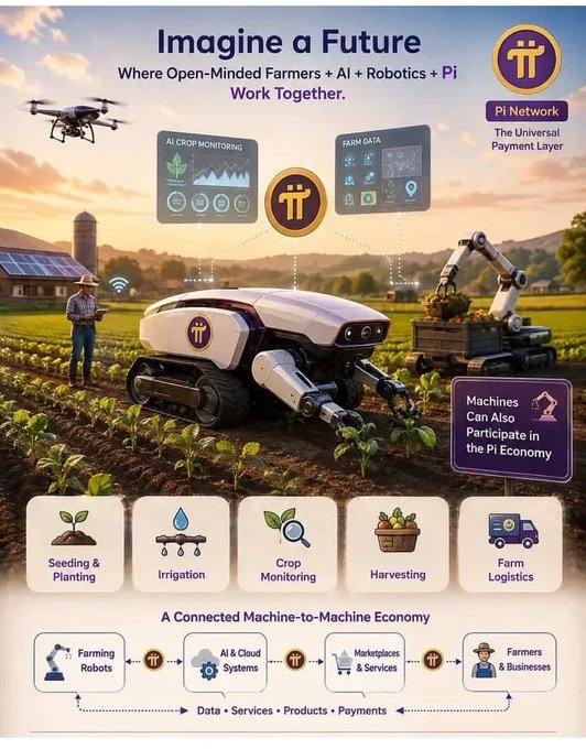 The image is a promotional infographic titled "Imagine a Future Where Open-Minded Farmers + AI + Robotics + Pi Work Together," featuring a Pi Network agricultural ecosystem with a farmer, drone, AI robot, and robotic harvester connected through "The Universal Payment Layer." It showcases automated farming tasks (Seeding & Planting, Irrigation, Crop Monitoring, Harvesting, Farm Logistics) and highlights that "Machines Can Also Participate in the Pi Economy," with a bottom diagram illustrating a "Connected Machine-to-Machine Economy" linking Farming Robots, AI & Cloud Systems, Marketplaces & Services, and Farmers & Businesses via data, services, products, and payments.

The caption relates to the post by emphasizing Pi's real-world utility beyond sentimental family transfers—extending to tangible, everyday applications like agricultural automation, where Pi facilitates a functional machine-to-machine economy of goods and services.