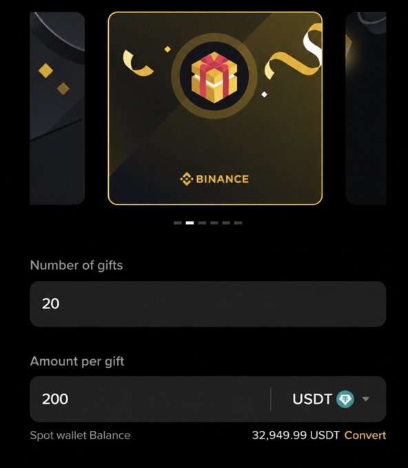 The image displays a Binance gift creation page showing 20 gifts of 200 USDT each, totaling 4,000 USDT, with a spot wallet balance of 32,949.99 USDT. It illustrates the user preparing to distribute the cryptocurrency gifts to selected wallet holders from the comments, likely via Solana addresses as mentioned in the post.