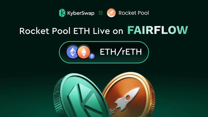 A promotional graphic for KyberSwap announcing "Rocket Pool ETH Live on FAIRFLOW" featuring the ETH/rETH trading pair, visually represented by green and orange coins (one displaying the KyberSwap logo and the other a rocket). The image illustrates the post's excitement about the collaboration between KyberSwap and Rocket Pool, highlighting the integration of ETH and rETH on KyberSwap's FairFlow platform.