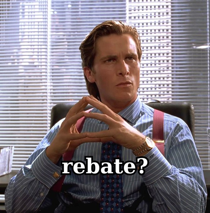 A man in a blue striped shirt and red suspenders sits with hands steepled, with the text 'rebate?' overlaid on the image.