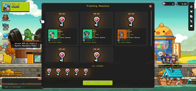 A colorful online game interface showing a 'Fishing Results' screen with keys and rewards like Shark Charms, Demon Bait, and Catch Boost, with chat features visible at the bottom.