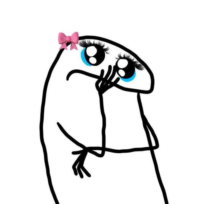 A simple cartoon drawing of a white figure with large blue eyes, long eyelashes, a pink bow, and a hand covering its face in a shy or embarrassed gesture.