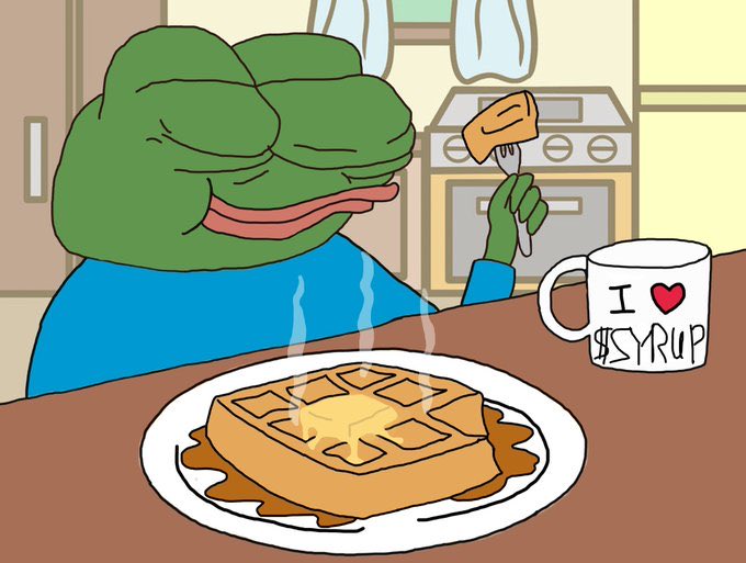 A cartoon Pepe the Frog happily eating steaming waffles at a kitchen table, with a mug reading 'I ❤️ $SYRUP'.
