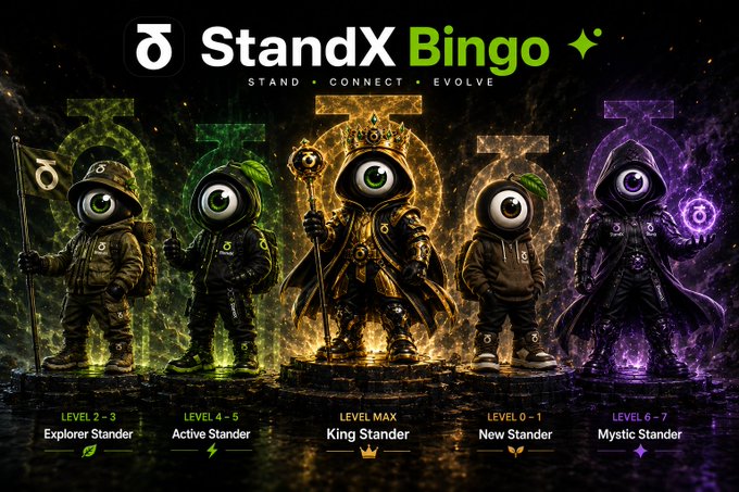 A promotional graphic for 'StandX Bingo' with the tagline 'STAND • CONNECT • EVOLVE', showing five eyelet-clad characters labeled 'Explorer Stander', 'Active Stander', 'King Stander', 'New Stander', and 'Mystic Stander' across different levels.