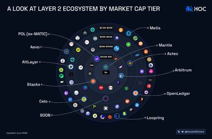 The image presents a detailed infographic comparing different projects, including cryptocurrency like Bitcoin (L2), altcoin projects (e.g., Polygon), and fiat currency (e.g., $1B+). It shows that the market map has split into various races for these projects, with each race having its own set of projects. The post, which is from Hoc, highlights this feature by stating "Look at Layer 2 ecosystem by Market Cap tier", indicating their focus on examining and comparing these different project races.