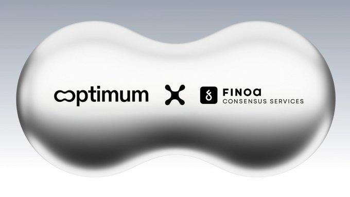 A sleek silver peanut-shaped graphic displaying the logos "optimum X Finoa Consensus Services" on a gradient background.