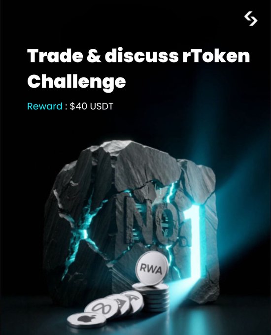 A promotional graphic for a 'Trade & discuss rToken Challenge' offering a $40 USDT reward, featuring a cracked stone with glowing teal energy and an 'RWA' token coin.