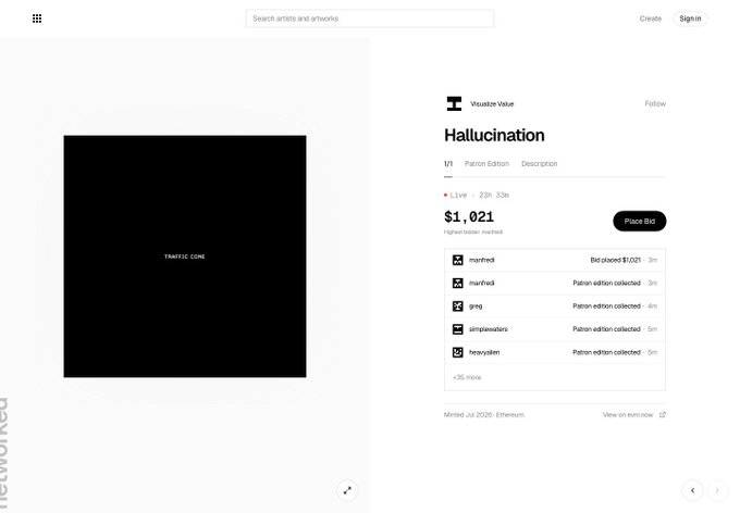 A Foundation marketplace listing for an artwork titled 'Hallucination' by Ysutistn Vaka (1/1 Patron Edition), currently bid at $1,021. The artwork image appears as a black square with the text 'TRAFFIC ZONE' in the center.