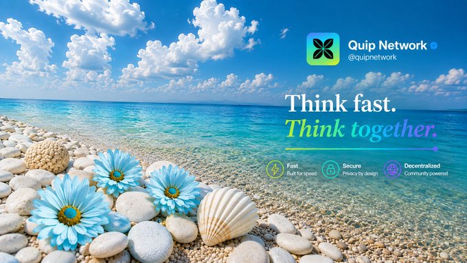 The image is a promotional graphic for Quip Network (@quipnetwork) featuring a serene beach scene with blue flowers, seashells, and turquoise ocean water under a cloudy sky, overlaid with the tagline "Think fast. Think together." and three feature icons highlighting "Fast - Built for speed," "Secure - Privacy by design," and "Decentralized - Community powered." This visually connects to the post about Quip Network's mission to provide accessible quantum computing resources, using the calm, collaborative imagery to reinforce the message of community-powered, decentralized innovation.