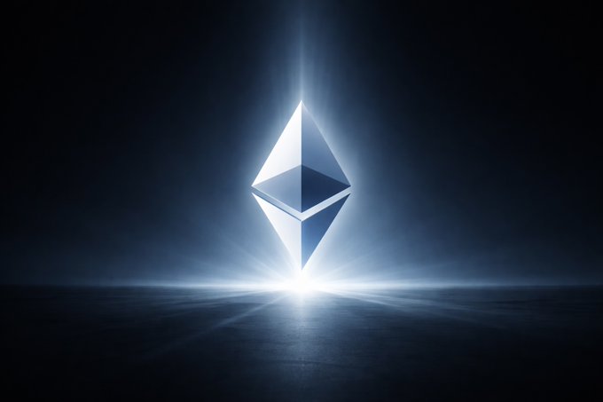 The Ethereum logo, glowing in metallic silver against a dramatic dark background with a radiant light beam, symbolizes the new venture's connection to Ethereum's foundational technology as it pivots toward enterprise blockchain privacy solutions.