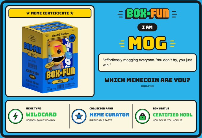 A digital "Meme Certificate" for the BOX-FUN memecoin featuring the character "MOG," labeled as a Wildcard meme type with Meme Curator rank.