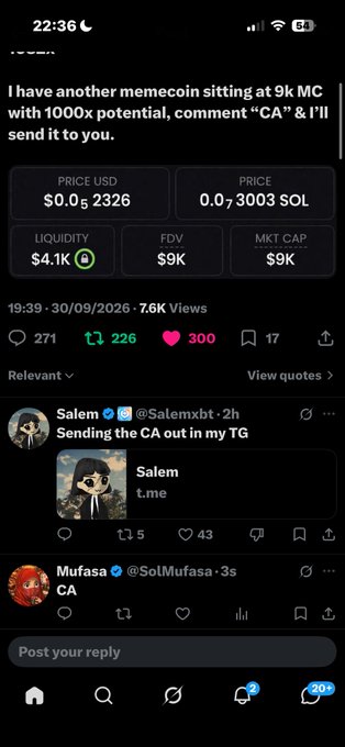 A social media post promoting a memecoin sitting at 9k MC with 1000x potential, showing price, liquidity, and FDV metrics.