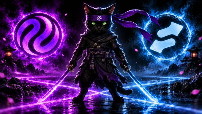 A digital fantasy artwork depicting a black cat ninja holding two glowing swords, flanked by a purple swirling emblem on the left and a blue logo on the right, with cherry blossom petals floating around.