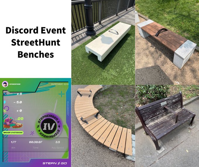 A collage for a 'Discord Event StreetHunt Benches' featuring four different bench photos and a Stephember IV step-tracking card showing 1.77 km in 00:30:07.