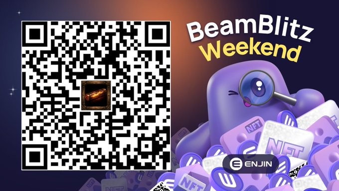 A promotional image for "BeamBlitz Weekend" featuring a scannable QR code alongside a purple Blobby character holding a magnifying glass amidst scattered Enjin NFT cubes, inviting users to claim MvBClan's Spark NFT via the Enjin Wallet app to complete a crafting quest.