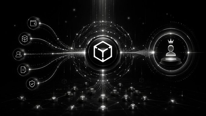 A high-contrast black and white digital graphic showing interconnected blockchain and crypto-themed icons including wallets, cubes, chess pieces, and shields connected by flowing data streams.