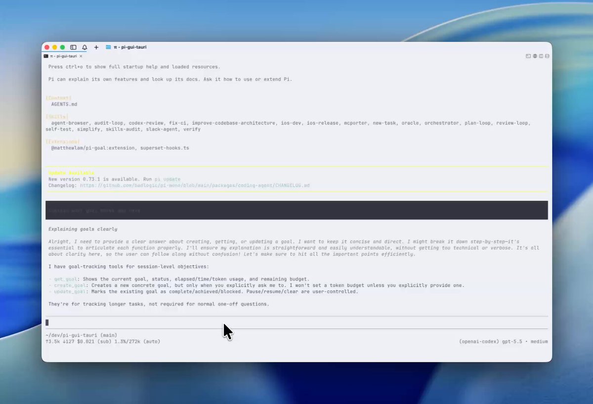 The image shows a computer screen with a document titled "Explanation of the code". The document contains information about setting goals for a program called "pi" using the "set goal" feature. It also mentions that the agent can set more detailed goals, and the user doesn't need to copy paste the goal prompt into the terminal window.