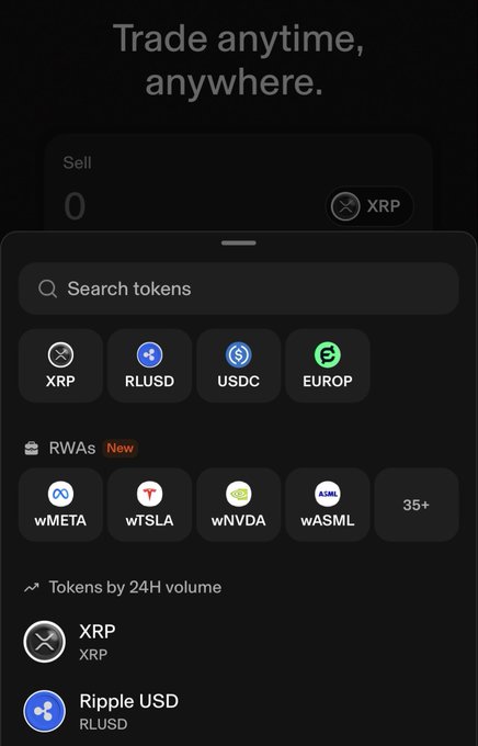 A mobile cryptocurrency trading app interface with the tagline 'Trade anytime, anywhere,' showing XRP selected and listing tokens like RLUSD, USDC, EUROP, and RWAs including wMETA, wTSLA, wNVDA, and wASML.