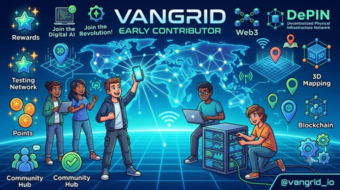 A colorful Vangrid promotional graphic for early contributors featuring cartoon characters with smartphones and laptops, highlighting features like Rewards, Web3, DePIN, 3D Mapping, Testing Network, Points, and Community Hub, with the handle '@vangrid_io'.