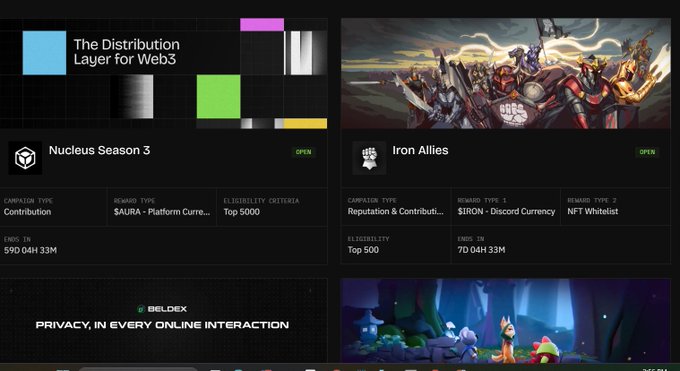A dashboard displaying Web3 campaigns including 'Nucleus Season 3' and 'Iron Allies', along with a 'BELDEX' banner about privacy.