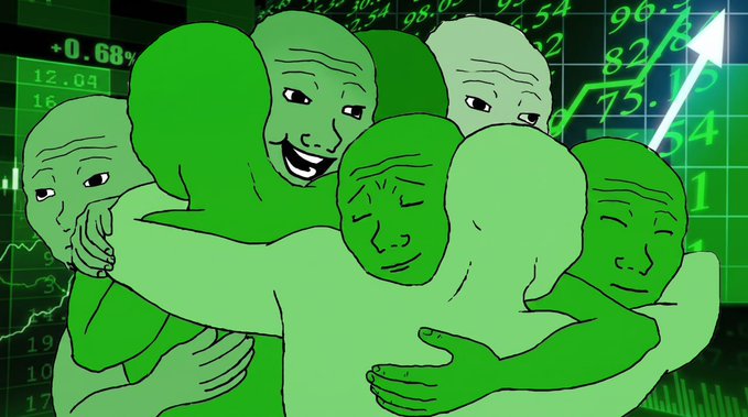 A green-tinted Wojak meme image showing several figures embracing in a group hug against a background of stock market numbers and a rising graph.