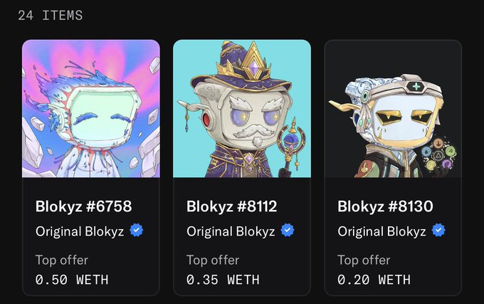 A dark-themed NFT marketplace listing shows 24 items from the Blokyzs collection, featuring three stylized blocky character cards—Blokyz #6758 (a pink-haired figure) with a 0.50 WETH top offer, Blokyz #8112 (a purple-uniformed witch-like character) at 0.35 WETH, and Blokyz #8130 (a nurse-styled figure) at 0.20 WETH—all marked as verified Original Blokyzs, aligning with the post's excitement about collecting favorite pieces from the artist.