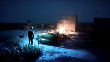 A cinematic, dark scene showing a person standing on a rooftop or structure at night, looking toward a distant explosion or fire illuminating the horizon.