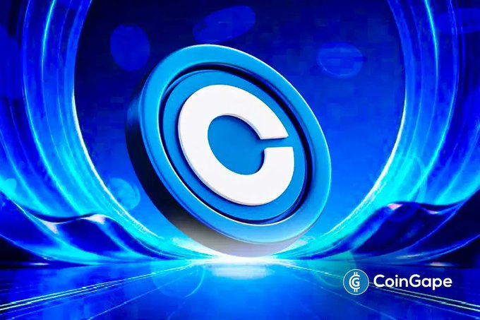 A vibrant blue graphic featuring a large 3D "C" logo dominates the image, with the "CoinGape" watermark visible in the bottom right corner, illustrating a news update from CoinGape about Coinbase suspending six crypto pairs trading.