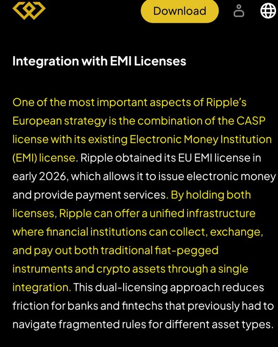 The image displays a section titled "Integration with EMI Licenses," explaining Ripple's European strategy of combining its CASP license with an Electronic Money Institution (EMI) license obtained in early 2026, enabling unified fiat and crypto-asset services under a single infrastructure. This supports the post's point about Ripple being among the few crypto firms meeting the EU's strict MiCA requirements through dual licensing in Luxembourg, fostering institutional trust.