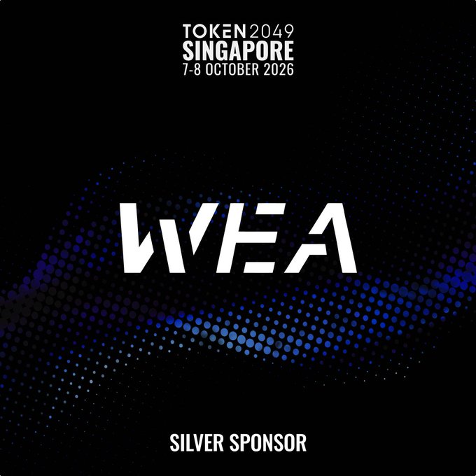 The image displays the TOKEN2049 Singapore logo (7-8 October 2026) along with the WFA logo, identifying WFA as a Silver Sponsor of the event. The graphic corresponds to the accompanying post introducing WEA Japan (likely related to WFA) as a Silver Sponsor at TOKEN2049 Singapore, where they are showcasing their stablecoin payment infrastructure connecting self-custody wallets to merchant payment systems.