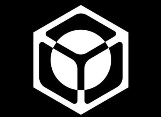 A black and white geometric logo featuring a hexagon enclosing a circular design with intersecting curved shapes.