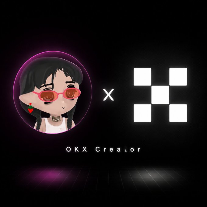 The image features a cartoon girl wearing red glasses, with her face displayed prominently against a black background. The girl's face is surrounded by white squares that form a pattern around her head. Below the girl's face, there is text that reads "OKX creator" and "officially joining @okx as a creator".