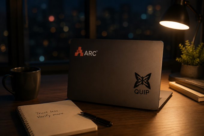 The image shows an open laptop computer sitting on top of a wooden desk, with a notebook and pen nearby. The laptop screen displays a message from @TheARCTERMINAL and @quipnetwork, which reads "Just got home after dinner with my family. Opened CT for a bit and checked on @TheARCTERMINAL and @quipnetwork as usual. It' s kinda interesting that two of the projects I spend the most time following". The desk also has a cup and some books placed next to it, indicating a typical work or study environment.