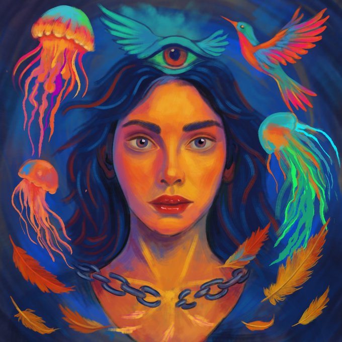 A vibrant surrealist digital painting features a woman's face with flowing dark hair, crowned by an all-seeing eye and flanked by colorful jellyfish, a hummingbird, and floating feathers, with a broken chain around her neck symbolizing liberation and transformation—reflecting the post's themes of gratitude and the artwork's symbolic representation of future possibilities.