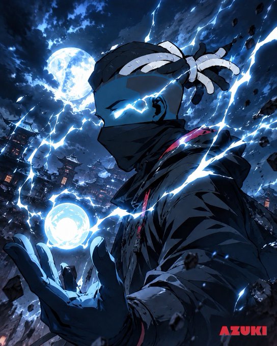 The image, credited to "AZUKI," depicts an anime-style character with braided hair and glowing blue lightning crackling from their eye and hand, holding a sphere of energy against a dramatic night sky with a full moon and cityscape below.