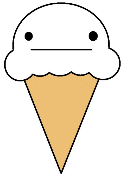 A simple cartoon illustration of a white ice cream scoop with a neutral face on a tan/beige cone.