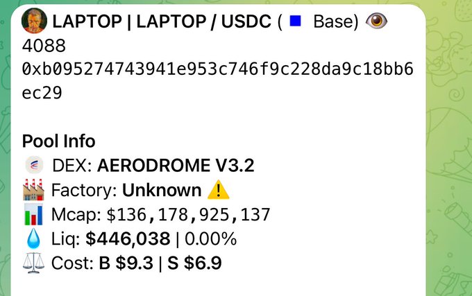 A trading interface shows the LAPTOP/USDC pool on Aerodrome V3.2 (Base) with an absurd market cap of $136,178,925,137 and only $446,038 in liquidity—confirming the joke that "LAPTOP just launched at $136 billion" thanks to sniper bots, as the laughably thin liquidity versus astronomical valuation reveals it's a worthless rug-pull-style memecoin.