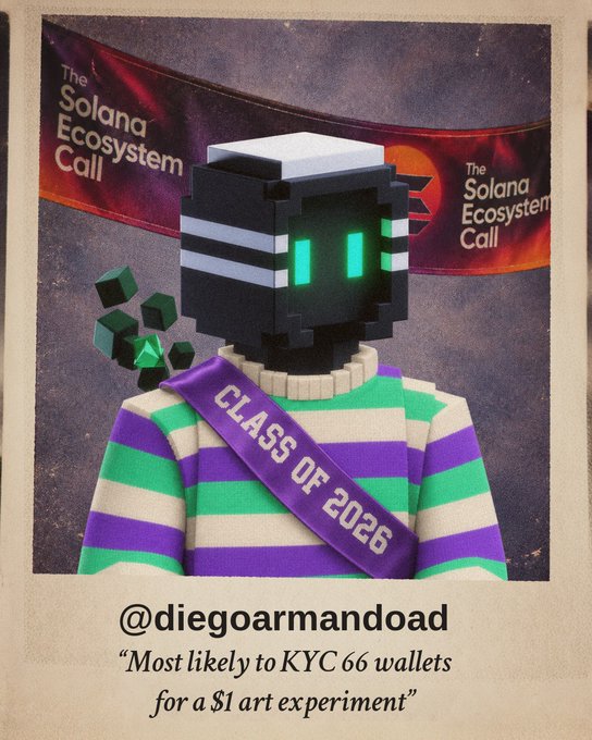 A stylized yearbook-style photo of a pixelated robot character wearing a 'CLASS OF 2026' sash, captioned with '@diegoarmandoad' and 'Most likely to KYC 66 wallets for a $1 art experiment', themed around 'The Solana Ecosystem Call'.