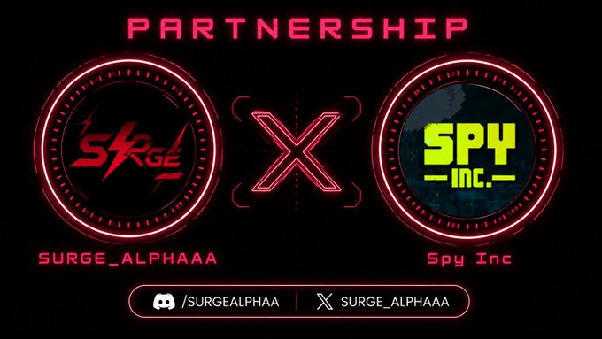 A neon-style 'PARTNERSHIP' graphic between SURGE_ALPHAAA and Spy Inc, featuring their logos in red circular frames with an X between them.