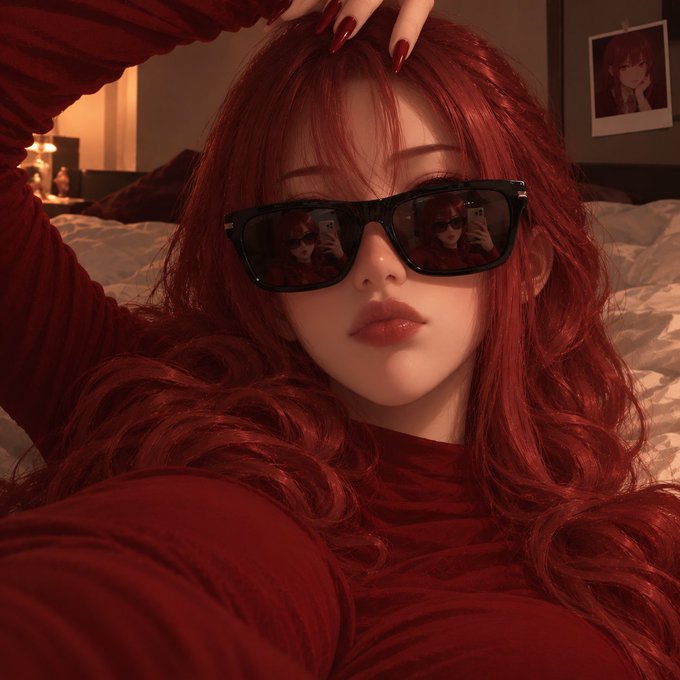 A woman with long red hair wears dark sunglasses, and the lenses reflect her holding a smartphone to take the photo.